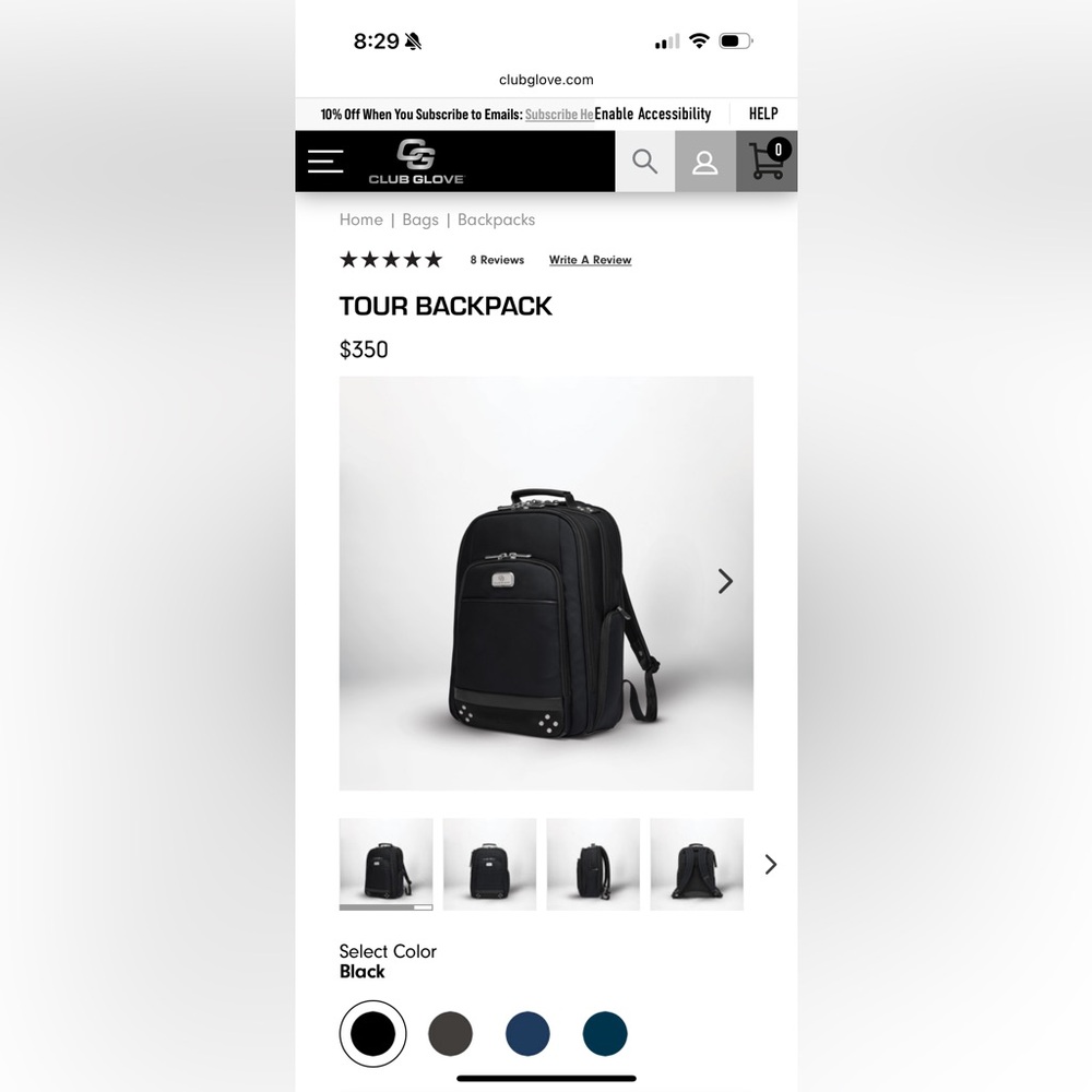 Club Glove Black Tour Backpack - NWT